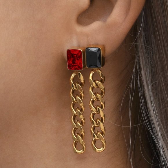 Black Zircon 18K Gold Plated Chain Stainless Steel Earrings - Picture 3 of 5